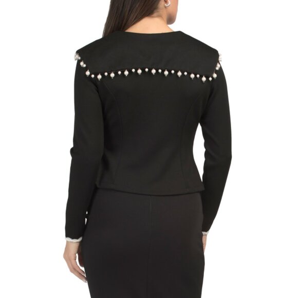 DALIA MACPHEE Black Faux Pearl Zip Front Sweater - Picture 2 of 2